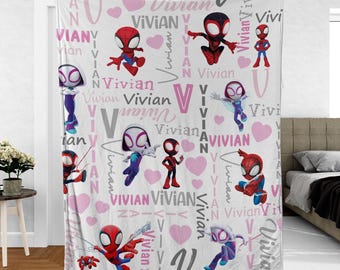 Customized Spidey and His Amazing Friends Blanket, Spider Gwen Fleece Blanket, Cartoon Spidey Baby Shower Blanket Gift, Spiderman Blanket