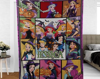 Custom Halloween Disney Princess Blanket, Cute Fall Throw for Girls, Spooky Season Princess Gift, Trick or Treat Blanket, Disney Fall Decor