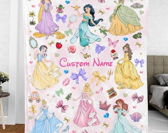 Personalized Coquette Bows Disney Princess Blanket, Wdw Disneyland Tiana Jasmine Belle Ariel Velveteen Plush Blanket, Disney Birthday Girl