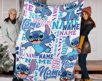 Personalized Disney Lilo and Stitch Fleece Blanket, Custom Name Sherpa Throw for Kids, Birthday Gift, Baby Shower, Gift for Boy and Girl