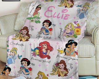 Disney Princess Blanket, Custom Name Princess Fleece Blanket, Soft Cozy Cinderella Snow White Belle Jasmine Ariel Blanket, Baby Shower Gift