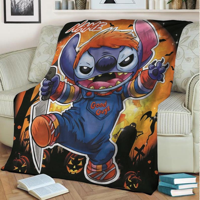 May include: A Halloween-themed throw blanket featuring a cartoon character dressed as Chucky, holding a knife. The blanket has a black background with orange accents, pumpkins, and bats. The character is wearing blue overalls with "Good Guys" printed on them.