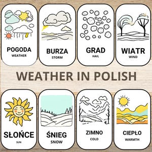 Flashcards imprimables en polonais - Vocabulaire météorologique pour l'apprentissage des langues