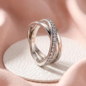 Silver PANDORA Crossover Pavé Triple Band Ring, Elegant Jewellery, Accessory CZ Stones, Celestial Design