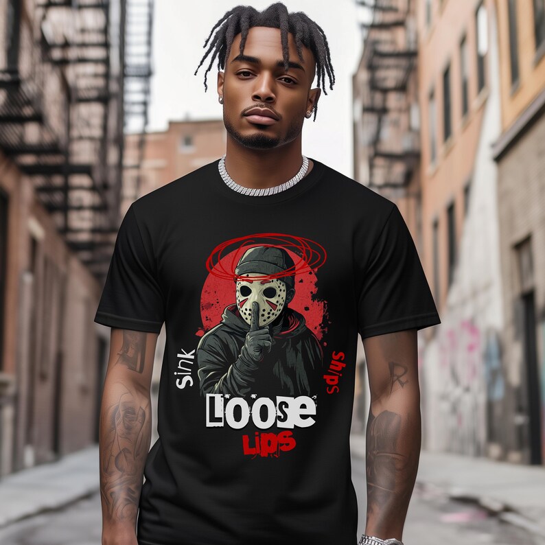 Streetwear t-shirt with 'Loose Lips Sink Ships' graphic. Features a bold mask design with urban grunge textures, perfect for hip-hop culture and street hustler style. High-quality Comfort Colors 1717 tee, ideal for casual or edgy outfits.