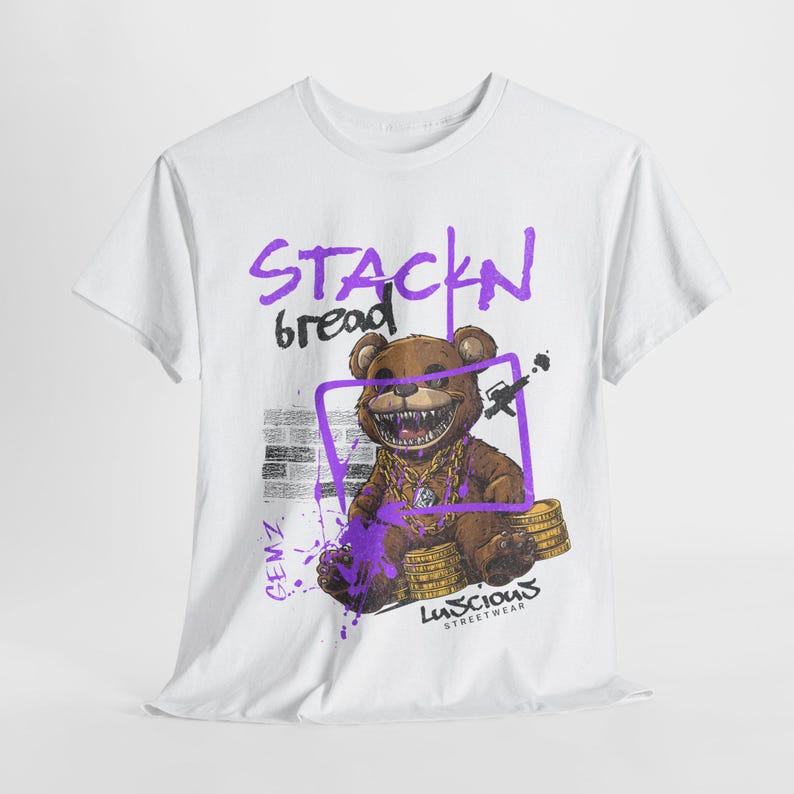 Stackin Bread Teddy Graphic T-Shirt in White with bold graphics for urban fashion enthusiasts. This trendy unisex tee is soft, stylish, and perfect for casual wear or gifting. A great choice for anyone seeking unique streetwear.