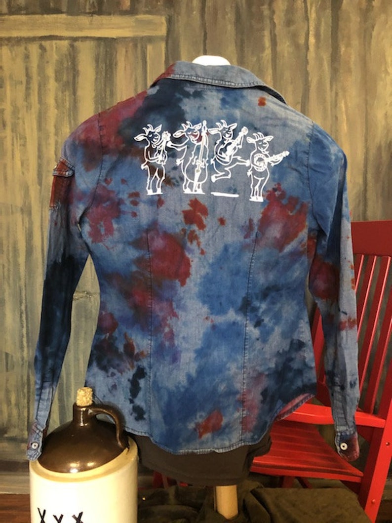 Ladies L Up-Cycled Hand Tie Dyed DenimCotton Shirt