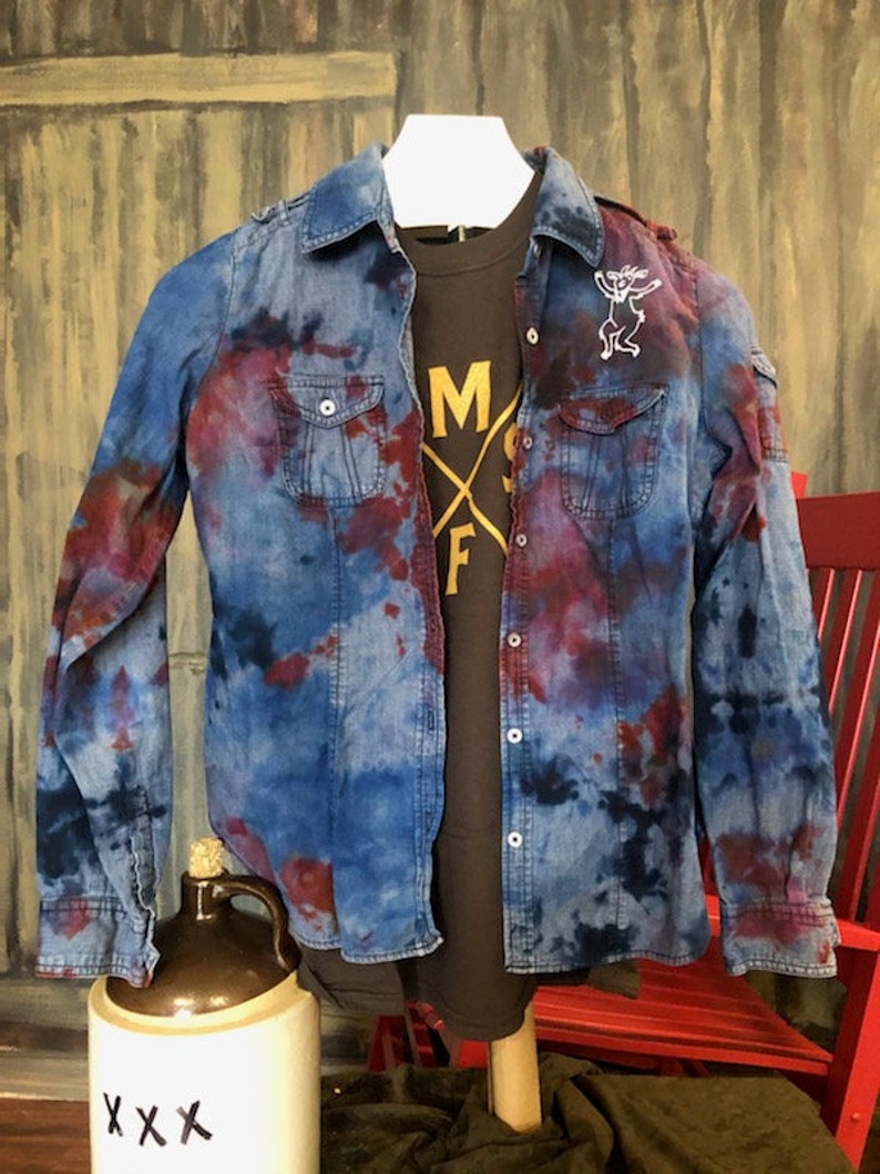 Ladies L Up-Cycled Hand Tie Dyed DenimCotton Shirt