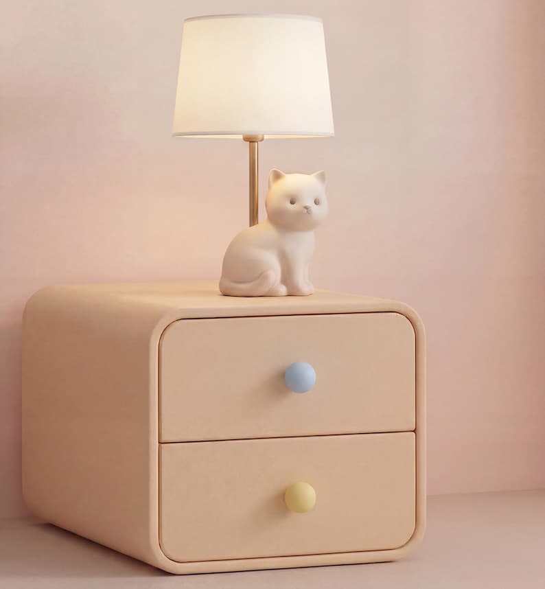 May include: A beige nightstand with two drawers, each with a rounded blue and yellow knob. A white cat figurine sits atop the nightstand, with a small lamp with a white shade and gold stem behind it.