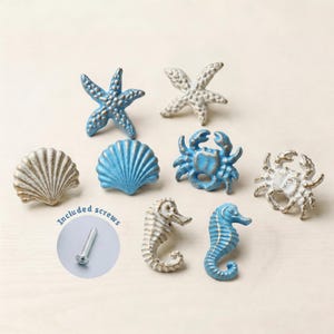 Cast Iron Coastal Drawer Knobs - Vintage Sea Creature Cabinet Pulls, Nautical Dresser Handles, Beach House Decor, Crab Seahorse Starfish