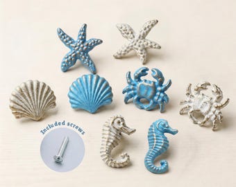 Boutons de tiroir côtiers en fonte - poignées de meuble créature marine vintage, poignées de commode nautique, décoration de maison de plage, étoile de mer hippocampe crabe