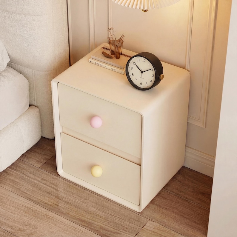 May include: A cream-colored nightstand with two drawers, each with a round knob. The top of the nightstand holds a black analog clock, a small glass, and a decorative item. The nightstand is next to a bed.
