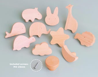 Houten dierenkastknoppen - kinderkamer schattige knoppen, ladeknoppen voor de kinderkamer, deurknoppen garderobekast, meubelgrepen met schroeven
