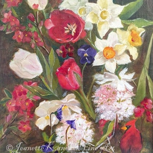 Rote Tulpen, Narzissen und Viburnum Schneebälle ~ Fine Art Giclee Druck-Reproduktion meines Original Ölgemäldes. Rot-weißer Kunstdruck.