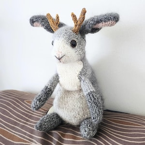 Weighted jackalope plush - hand knitted fantasy rabbit