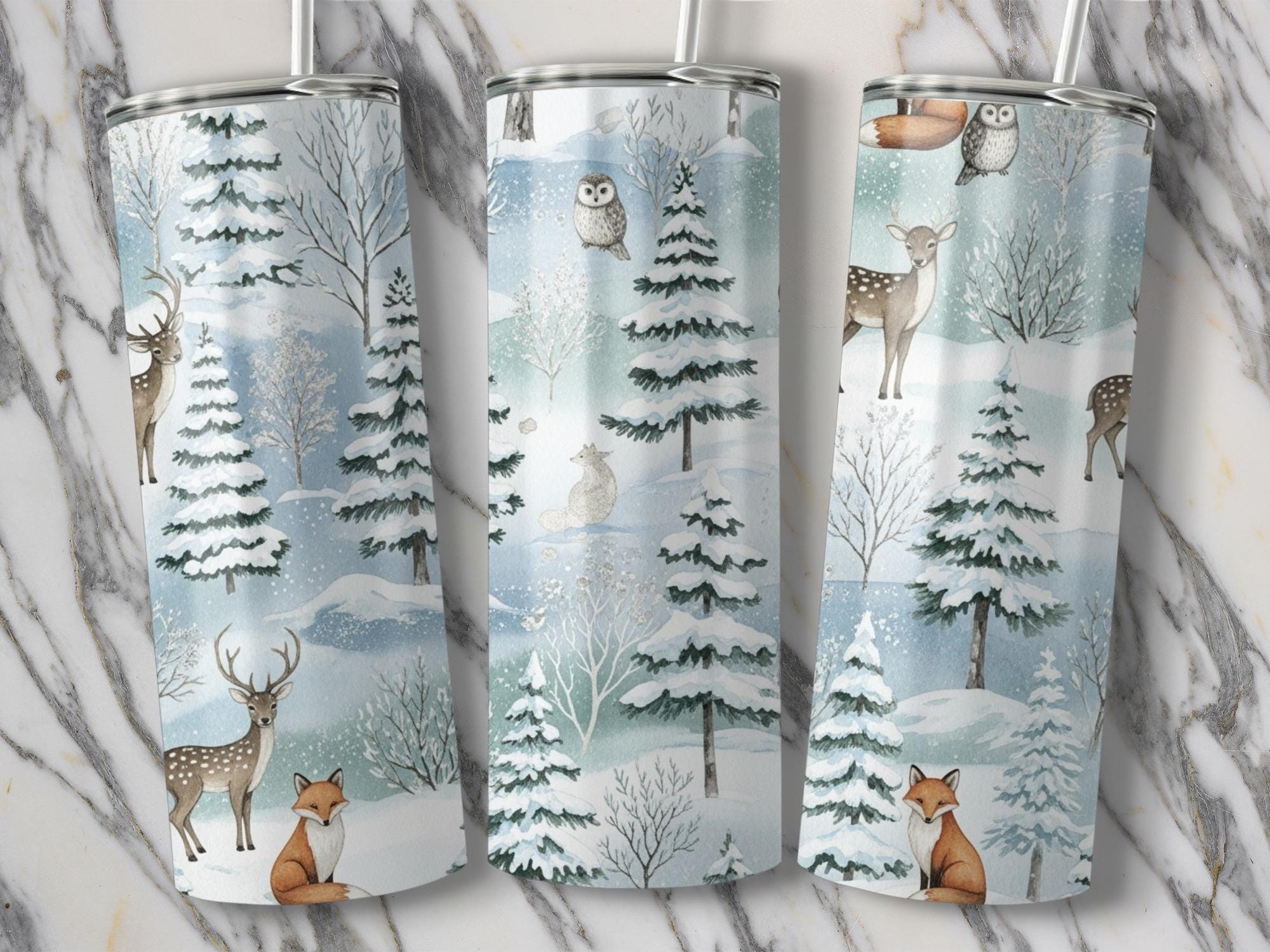 Winter Wonderland Tumbler PNG, Deer Fox Owl Sublimation Design, 20oz Straight Tapered Tumbler, Digit