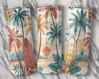 Tropical Sunset Tumbler Wrap: Palm Trees & Surfboards (Digital Download)