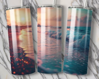 Tumbler Wrap con tramonto sulla spiaggia: disegno a sublimazione con onde dell'oceano (download digitale)