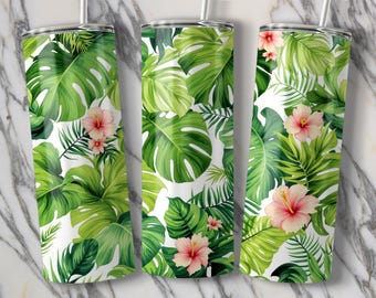 Tropical Leaves and Hibiscus Flowers Digital Tumbler Wraps, 20oz Tumbler Sublimation PNG, Straight and Tapered Templates