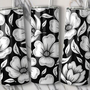 Floral PNG Tumbler Wrap, Black and White Flower Design, 20oz Tumbler Digital Download, Floral Pattern Tumbler Wrap