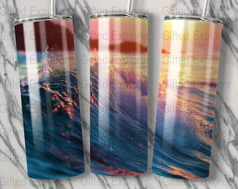 Tumbler Wrap con onde dell'oceano al tramonto: scena di spiaggia PNG (download digitale)