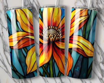 Floral Glasmalerei Tumbler Wrap: Orange Blume PNG (Digitaler Download)