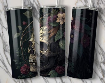 Vaso con diseño de calavera floral: Sublimación PNG de 20 oz (descarga digital)