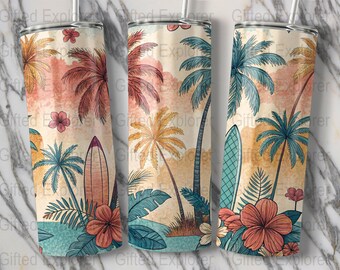 Tropical Tumbler PNG: Surfboard, Palm Trees, Flowers (Digital Download)
