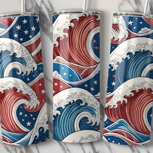 May include: Three stainless steel tumblers featuring a red, white and blue wave design. The pattern is reminiscent of the Union Jack.