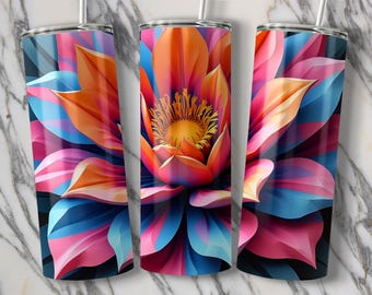 Op de afbeelding: Een kleurrijk, abstract bloemendesign met roze, oranje en blauwe bloemblaadjes op een zwarte achtergrond. Dit ontwerp is gedrukt op een roestvrijstalen tumbler.