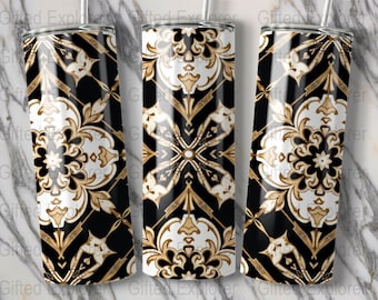 Floral Tumbler PNG Design: Black and Gold Victorian Wrap (Digital Download)