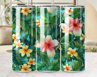 Owijka na kubek z motywem tropikalnych kwiatów: hibiskus, plumeria (pobranie cyfrowe)