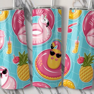 May include: A set of three stainless steel tumblers with a vibrant summer-themed pattern. The design features pink flamingo and unicorn pool floats, pineapples, and juice drinks on a light blue background. Each tumbler has a silver lid and a straw.