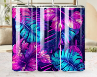 Tropical Floral Digital Art, Neon Flower PNG, 20oz Tumbler Wrap, Bright Leaf Design, Teal and Purple Hibiscus, Summer Sublimation Print