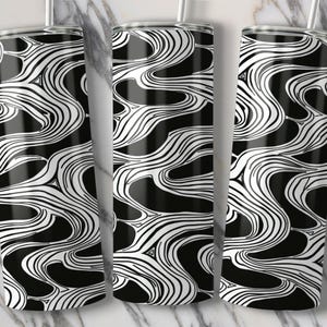 Black and white abstract wave pattern tumbler wrap, 20oz stainless steel tumbler digital download design, sublimation wrap