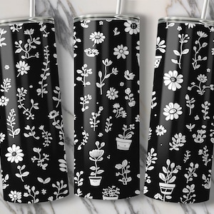 Floral Black and White Digital PNG, Tumbler Sublimation, Flower Pattern, 20oz Tumbler Wrap, Straight and Tapered, Instant Download