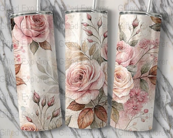 Pink Roses Tumbler Design, Floral 20oz Tumbler PNG, Watercolor Tumbler Wrap, Tumbler Sublimation, Digital Download, Tapered and Straight