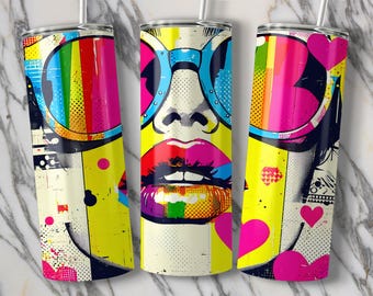 Pop Art Woman Tumbler Wrap Design, Colorful Sunglasses (Digital Download)