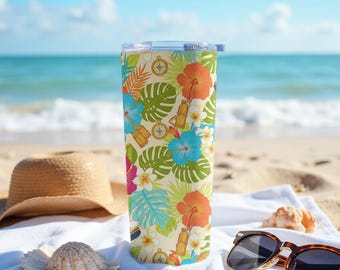 Cruise Tumbler PNG, Tropical Floral Tumbler Wrap, Hibiscus Flower, Summer Tumbler Design, 20oz Skinny Tumbler Sublimation Download