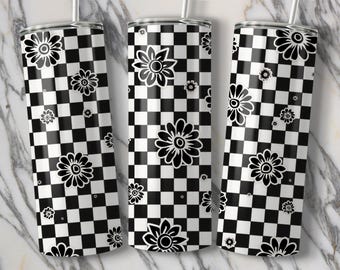 Black and White Floral Checkerboard Pattern, 20oz Tumbler Wrap PNG, Digital Download, Unique Floral Print, Checkerboard Design