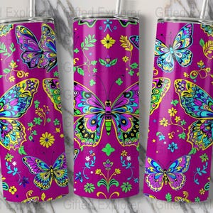 Vibrant Butterflies PNG Digital Download, 20oz Tumbler Wrap Design, Custom Straight Tumbler, Colorful Butterfly Pattern Art