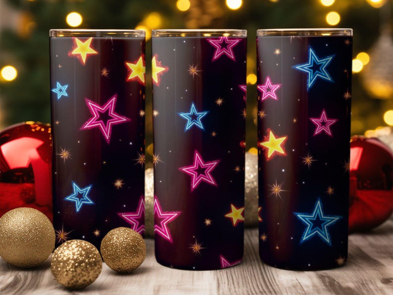 Colorful Stars Tumbler Wrap Digital Download 20oz PNG Design, Neon Star