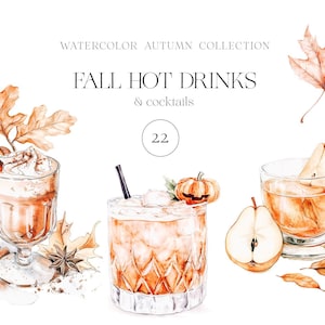 Clipart di bevande autunnali, Clipart di bevande ad acquerello, Cocktail autunnali, Clipart cocktail, Cioccolata calda, Tè, Bevande accoglienti, Licenza di vendita illimitata