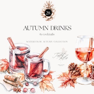 Clipart di bevande autunnali, Clipart di bevande ad acquerello, Cocktail autunnali, Clipart cocktail, Vino caldo, Sciroppo, Bevande accoglienti, Licenza di vendita illimitata