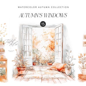 Aquarel herfst clipart, Windows clipart, herfst ramen, herfst clipart, herfst graphics, Cottagecore clipart, tijdschriften, stickers clipart