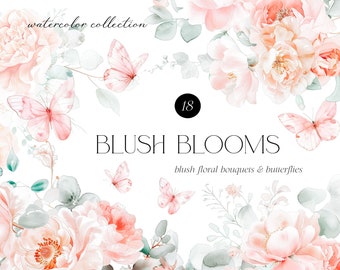 May include: Watercolor illustration of blush pink roses and butterflies. The text "Blush Blooms" and "blush floral bouquets & butterflies" is written in black. The number "18" is written in a circle.