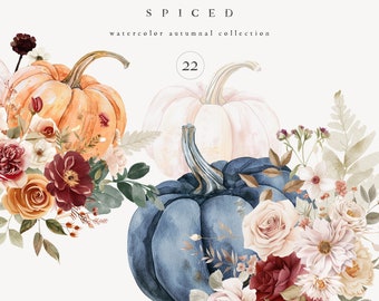 Clipart de otoño en acuarela: Calabazas y ramos de flores (Descarga digital)
