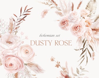 Watercolor Dusty Rose Clipart: Boho Floral Arrangements