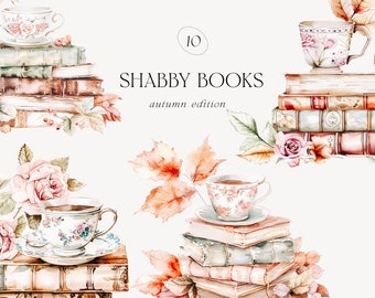 Watercolor Shabby Books Clipart: Autumn Cottagecore (PNG)