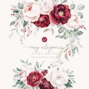 Aquarell Blumen Clipart, Blush Pfingstrose Clipart, Burgunder Rose, Rose und Pfingstrose, Blumenkranz, Blush und tiefrote Blumen, DIY Elemente